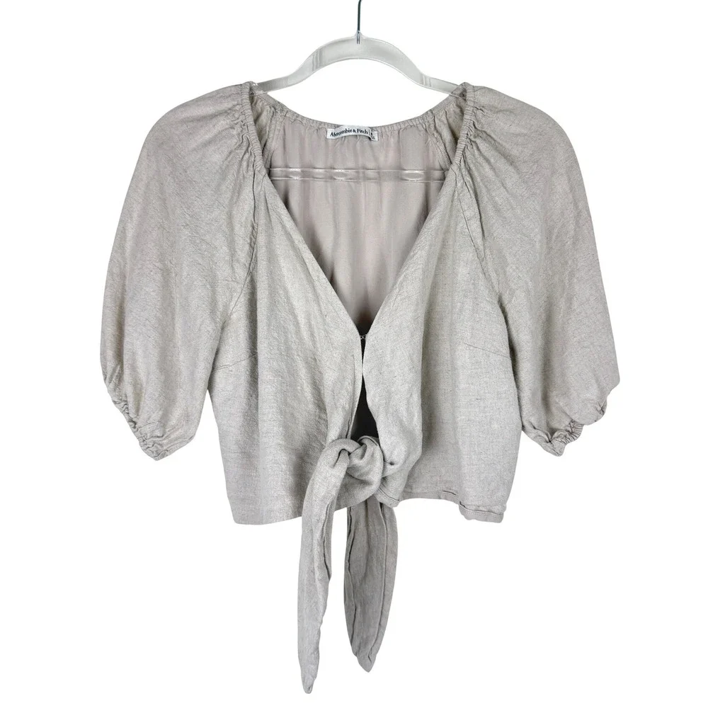 Abercrombie & Fitch Crop Top Womens M Beige Linen Blend Front Tie Puff Sleeve